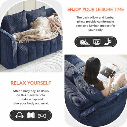 Corduroy Boneless Living Room Sets, Modern Upholstered 3 Seater Sofa with 2 Signle Accent Chairs, Comfy Deep Seat Cloud Sofa Couch Sets for Living Room, Navy