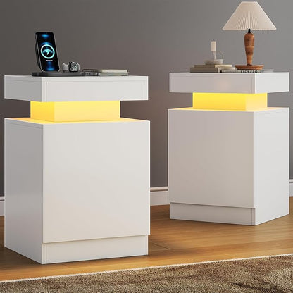 MXV Nightstand Set of 2 with LED Lights,Night Stand with Storage Cabinet for Bedroom,Bedside Table with LED (White, 15IN)