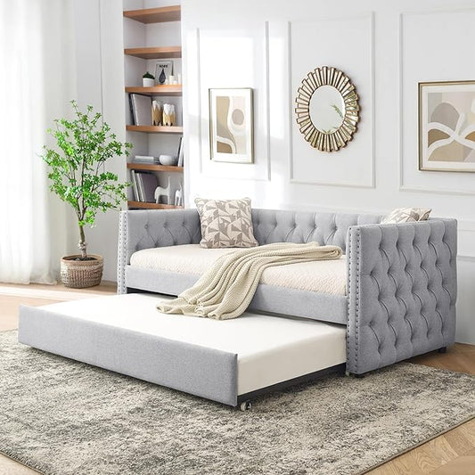 Antetek Daybed with Trundle, Upgraded Linen Upholstered Twin Size Day Bed Button-Tufted Sofa Daybed Frame with A Trundle,No Box Spring Needed,Furniture for Bedroom Living Room (Light Grey, Twin)