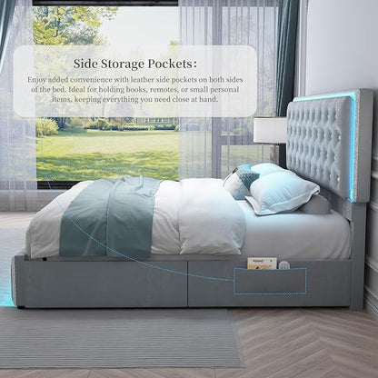 Queen Led Bed Frame with 2 Drawers, Storage Platform Queen Size Upholstered Bed Frames with Crystal Button Tufted Headboard, Solid Slats Support, Noise Free, No Box Spring Needed, Velvet Grey