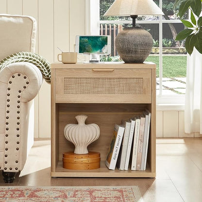 LEYAOYAO Rattan Nightstand with Charging Station, 23" Wide Boho Night Stand with Drawer, Natural Wood Bedside Table Open Storage Cabinet, Bed Side End Tables Dresser for Bedroom, Living Room, Hallway