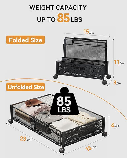 Under Bed Storage with Wheels, Foldable Pattern Carved Metal Under The Bed Storage, Tool-Free Assembly Under Bed Organizer, 60L Underbed Storage for Bedroom Clothes Blankets Shoes Toys-4 Pack