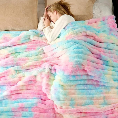 Cozy Bliss Faux Fur Throw Blanket for Couch, Cozy Warm Plush Striped Blanket for Sofa Bedroom Living Room, 90 * 90 InchesTie-dye Rainbow