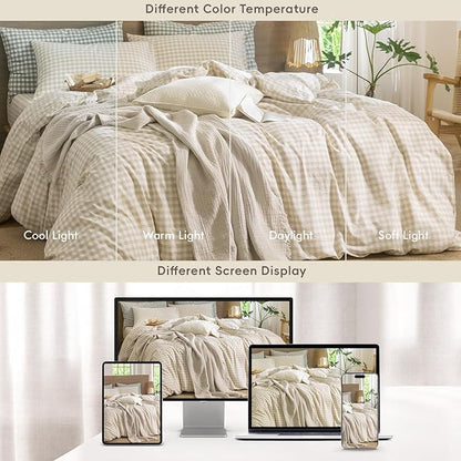 MooMee Gingham Duvet Cover Set 100% Washed Cotton Linen Like Textured Breathable Durable Soft Comfy Modern Checkered Design (Almond Milk Grey Gingham, King 104"x90")