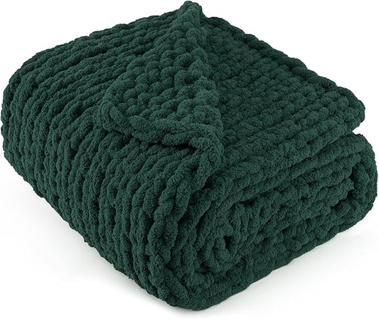 Chunky Knit Throw Blanket 50"X 60", 100% Handmade with Soft Chenille Yarn, 4.4lbs Thick Cable Knitted Blankets, Large Rope Knot Crochet Throws for Couch Sofa Bed Home Decor, Dark Green