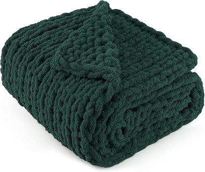 Chunky Knit Throw Blanket 60"X 80", 100% Handmade with Soft Chenille Yarn, 4.4lbs Thick Cable Knitted Blankets, Large Rope Knot Crochet Throws for Couch Sofa Bed Home Decor, Dark Green