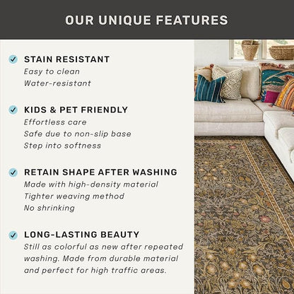 Vintage Brown 3x6 Area Rugs for Large Entryway, Bedroom Beside Rug, Kitchen, Laundry Room, Non-Slip Low Pile Ultra Soft Stain Resistant Small Floral Carpet