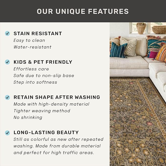 Vintage Floral Brown 3x5 Area Rugs for Entryway, Kitchen, Bathroom, Bedroom Beside Rug, Laundry Room, Non-Slip Low Pile Ultra Soft Stain Resistant Small Gold and Taupe Carpet