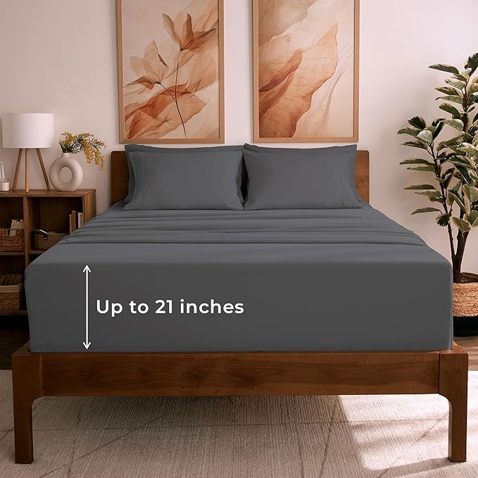 Mellanni Full Sheet Set - 6-Piece Iconic Collection Bedding, (Including 4 Pillowcases), 21-Inch Extra Deep Pocket, Easy Care, Ultra Soft, Cooling Sheets, Brushed Microfiber - Gray