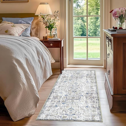 jinchan Kalen Runner Rug 2x5 Washable Hallway Rug Vintage Indoor Thin Retro Floor Cover Distressed Floral Country Lightweight Non Slip Carpet for Entryway Bathroom Kitchen Bedroom Living Room Blue