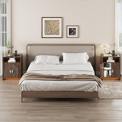 Nightstand with Charging Station and LED Lights, Night Stands with Adjustable Storage Cabinet, Modern Side Table with Fluted Doors and Open Storage, Bedside Table for Bedroom, Walnut