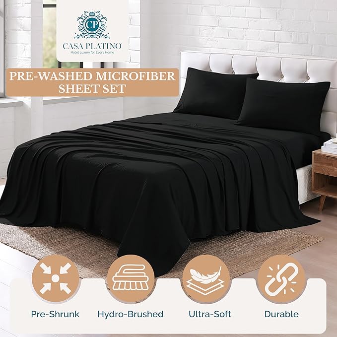 Casa Platino Twin Bed Sheet Set, Pre-Washed Twin Sheets Set, 3 Piece Set, Ultra Soft & Breathable Sheets, Brushed Microfiber Bedding with 15-Inch Deep Pockets, Bunk Bed Sheets – Black