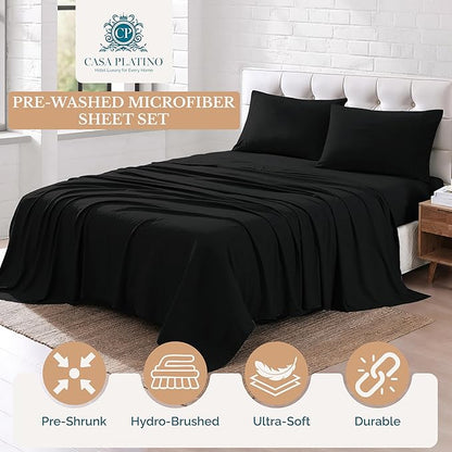 Casa Platino California King Sheets, 4 Piece Set, Pre-Washed Ultra Soft Bed Sheets Set, Brushed Microfiber California King Bedding Sets, California King Size Sheets with 15 inch Deep Pockets - Black