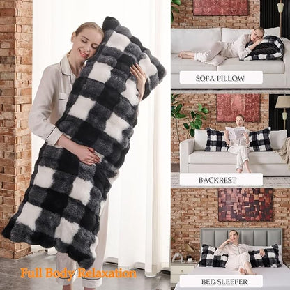 Luxury Shaggy Faux Fur Body Pillow,Fluffy Bed Pillow with Zipper Closure,Soft Decorative Plush Full Long Pillows,Fuzzy Hug Pillow for Living Room Side Sleeper & Pregnancy 20"x54" Print in Black/White