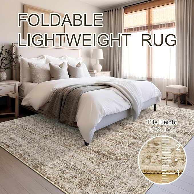 12x15 Washable Area Rug Brown Neutral Abstract Living Room Large Carpet Non Slip Bedroom Indoor Office Dining Room Low Pile Thin Rug