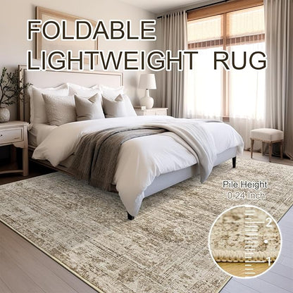 5x7 Area Rugs Brown Low Pile Indoor Washable Trendy Faded Style Rugs for Bedroom Living Room Dining Room Foldable Non-Slip Thin Print Mat