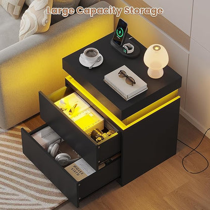 ADORNEVE Black Nightstand with Charging Station and LED Lights,Night Stand with Sliding Top,Bedside Table with Drawers,Modern End Side Table for Bedroom