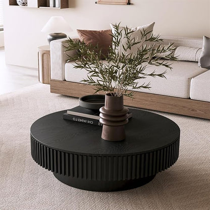 LKTART Round Coffee Table for Living Room, Accent Fluted Drum Coffee Table with Storage, Modern Solid Wood Veneered Circle Center Tea Table for Small Space Apartment (39.4''D×14''H-Black)