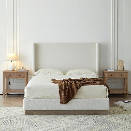 Full Size Upholstered Platform Bed Frame, 52.5" Tall Headboard Hosford Wingback Bedframes, Wood Base Floor Beds, No Box Spring Needed, No Noise, Minimalist, Cream White Boucle