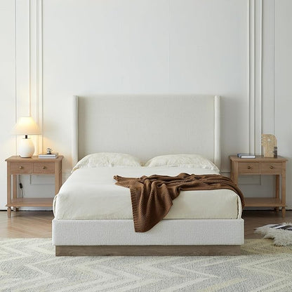 Queen Size Upholstered Bed Frame, 53" Tall Headboard Hosford Wingback Bed Frames, Wood Base Floor Platform Beds, No Box Spring Needed No Noise, Rusticity Minimalist, Cream White Boucle