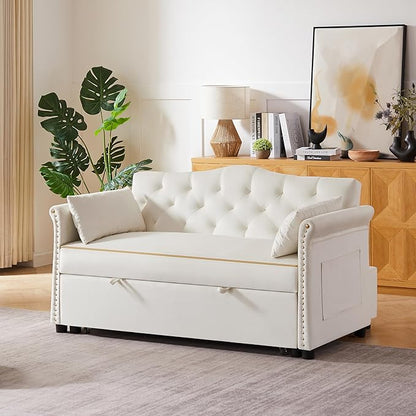 57" Velvet Pull-Out Sofa Bed, 3-in-1 Convertible Loveseat with Gold Trim Strips and Adjustable Backrest, Perfect for Living Rooms, Offices and Apartments (Beige)