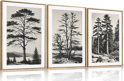 LHIUEM Large Vintage Sketch Tree Framed Wall Art Set,Antique Black and White Wall Decor,Nature Botanical Lake Artwork,Modern Wilderness Forest Art Prints for Living Room,Bedroom- 24"x36"x3