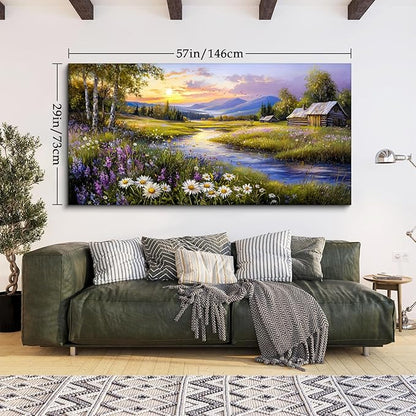 SERIMINO Large Wall Art for Living Room, River Landscape Wall Art, Meadow Wildflower Canvas Art Prints, Countryside Sunset Paintings Wall Decor for Bedroom, Farmhouse Kitchen Decor Pictures 29"X57"