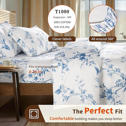 LBRO2M 1000 Thread Count Sheets 100% Egyptian Cotton Bedding Set Floral Queen Size Sheets 16 Inches Deep Pocket Bedding 4 Piece Sets (Queen, Blue Bird)