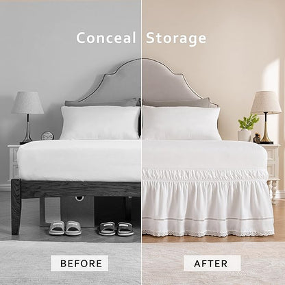 MIYE Wrap Around Ruffled Lace Bed Skirt, Elastic Dust Ruffle with Adjustable Belts,15 Inch Drop Easy to Put On, Bed Frame Cover, Machine Washable (Floral Lace, King/Queen-15)