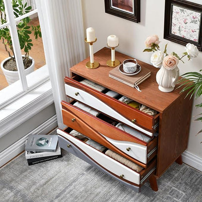 3-Drawer Dresser with Sculpted Wave Fronts, Tri-Color Drawer Design, Modern Chest of Drawers Storage Cabinet for Bedroom, Living Room, Hallway, or Office