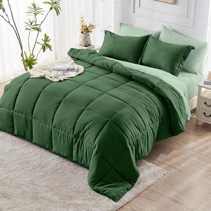 JOLLYVOGUE Full Comforter Set, Ultra-Soft Bed in a Bag Full Size 7 Pieces, Oeko-TEX Certified Bedding Set with Down Alternative Comforter, Sheets, Pillowcases & Shams, Dark Green & Light Green