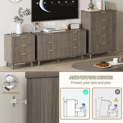 Lulive Wood Dresser for Bedroom with 6 Drawers, 53.2" Long Fluted Modern Chest of Drawers Storage Organizer, Dressers TV Stand for Living Room, Closet, Hallway (Dark Grey Oak)