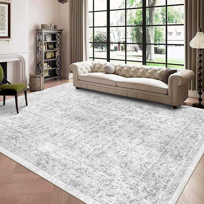 vivorug 9x12 Area Rugs for Living Room, Non Slip Machine Washable Vintage Rug, Ultra-Thin Lightweight Large Area Rug for Bedroom, Dining Room, Low Pile Grey