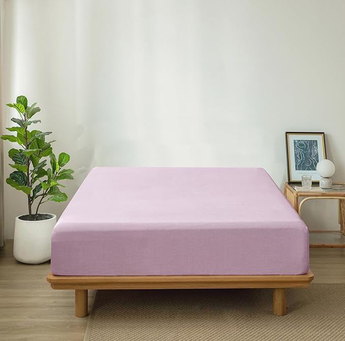 MooMee Fitted Bottom Sheet Only 100% Washed Cotton Linen Like Textured Breathable Durable Soft Comfy Deep Pocket Fits Mattress up to 17" (Light Purple, Twin)