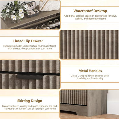 Shoe Cabinet Storage for Entryway with 3 Flip Drawers, Grey Fluted Shoe Cabinet with Adjustable Shelves, Wooden Hidden Shoe Rack Freestanding Narrow Slim Shoes Storage for Hallway, Entrance