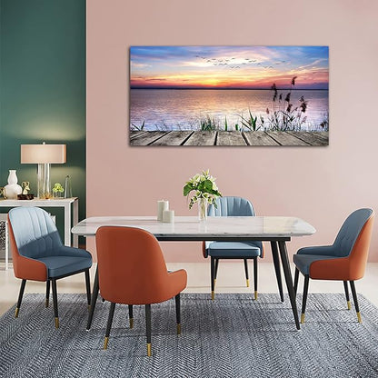Canvas Wall Art Lake Dock Sunset Scenery Flying Birds Picture Large Beach Sunset Landscape Canvas Artwork Contemporary Nature Pictures for Living Room Bedroom Home Office Kitchen Wall Decor 24" x 48"