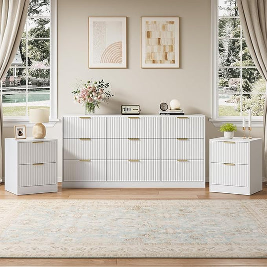 9 Drawer Dresser & Nightstand Set 3-Piece, 63” Wide White Fluted Dresser and Night Stand Set of 2, Fluted Modern Wood Chest of Drawers Storage Dressers Set for Bedroom, White