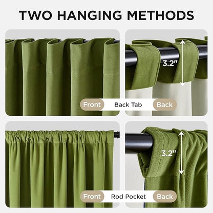 Joydeco Moss Green 100% Blackout Curtains 96 Inch 2 Panels, Luxury Thermal Green Velvet Curtains for Bedroom Living Room, Soundproof Blackout Window Drapes, Rod Pocket & Back Tab (52W x 96L)
