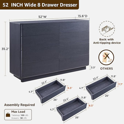 ACCOHOHO 8 Drawer Dresser for Bedroom, 52 Inch Wide Modern Chest of Drawers, Push-to-Open Wood Storgae Organizer with Large Drawers for Bedroom, Living Room, Hallway, Black