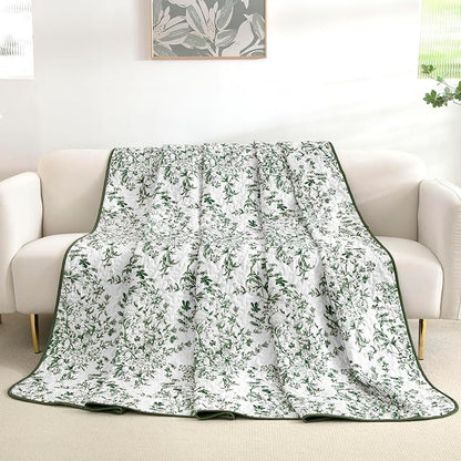 WONGS BEDDING Quilt King Size, Green Quilt Bedding Set with 2 Pillowcases, Botanical Quilt for King Bed, Soft Microfiber Lightweight Coverlet Bedspread for All Season (110"×90", 3 Pieces)