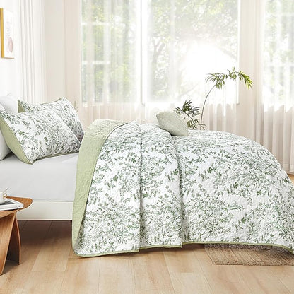 WONGS BEDDING California King Quilt Sets, Sage Green Quilt Bedding Set with 2 Pillowcases, Botanical Quilt for Cal King Bed, Soft Microfiber Lightweight Coverlet Bedspread for All Season (112"×96")