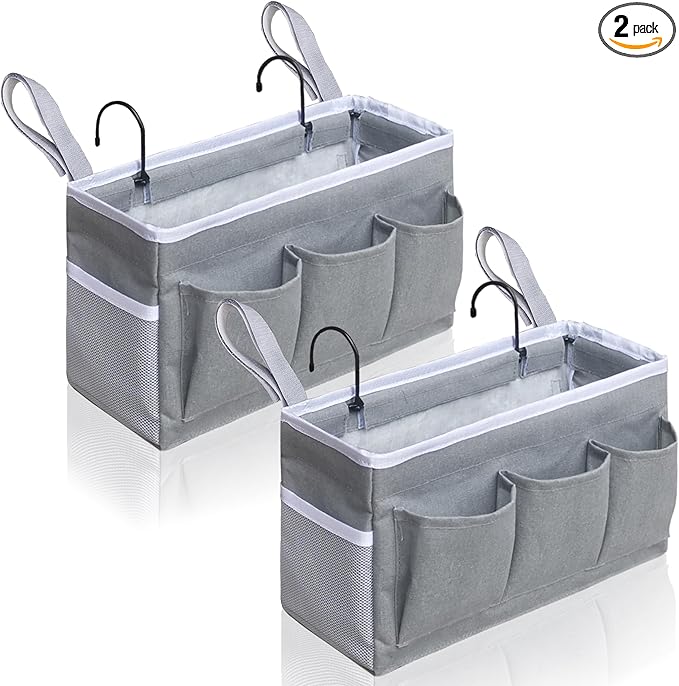Kanrichu Bedside Caddy Storage Organizer - 2pcs Hanging Bag Holder with Pockets for Bedroom, Loft, Tent, Curtain, Bunk bed Shelf Accessories (Gray)