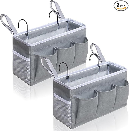 Kanrichu Bedside Caddy Storage Organizer - 2pcs Hanging Bag Holder with Pockets for Bedroom, Loft, Tent, Curtain, Bunk bed Shelf Accessories (Gray)