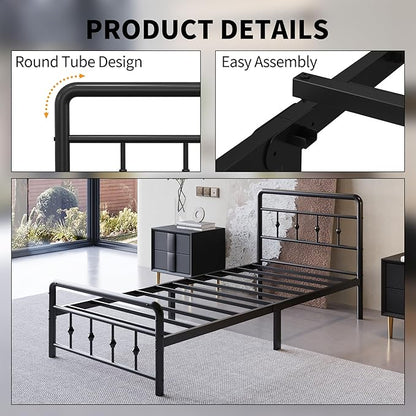 12 Inch Twin Bed Frames with Victorian Vintage Headboard and Footboard, No Box Spring Needed, Heavy Duty Metal Mattress Foundation, Noise Free, Easy Assembly, Black