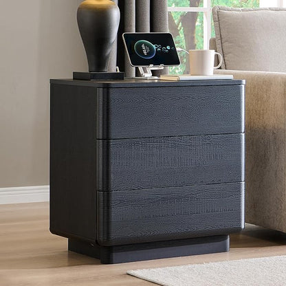 JXQTLINGMU 22" Modern Nightstand Set of 2 with Charging Station, Large Push-to-Open End Table, Wood Bedside Table, Curved Profile, Handleless 3 Drawer Night Stand for Bedroom, Living Room, Black