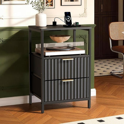 VINGLI Black Nightstand with Charging Station, Fluted Night Stand with Drawers Fabric, Bed Side Table/Night Stand with Charging Station for Bedroom, Dorm, 14.96" W*11.81" D*23.78" H