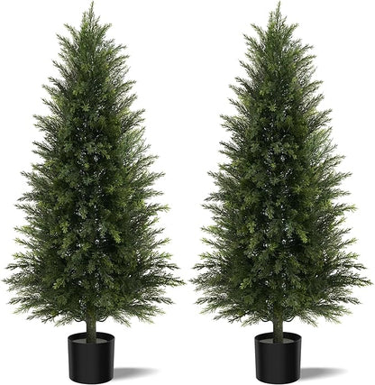 Artificial Topiary Ball Tree, Indoor Realistic Faux Boxwood Bush Potted Plants, Outdoor Fake Shrubs Cedar Evergreen Plants for Home Living Room Front Porch Decor (2, 5ft)