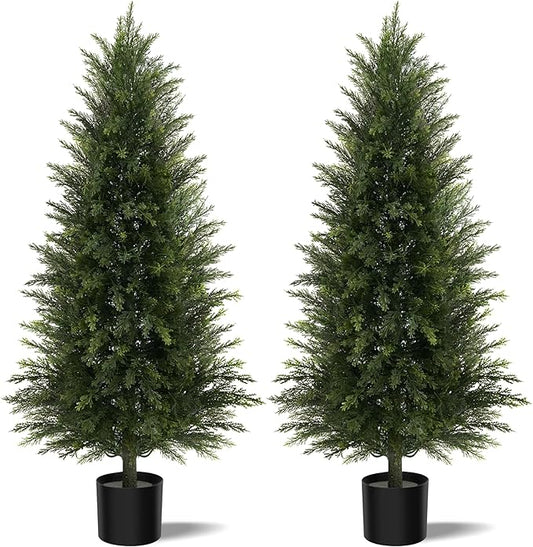 Artificial Topiary Ball Tree, Indoor Realistic Faux Boxwood Bush Potted Plants, Outdoor Fake Shrubs Cedar Evergreen Plants for Home Living Room Front Porch Decor (2, 5ft)