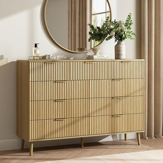 CARPETNAL Fluted 9 Drawer Dresser for Bedroom, 55" Wide Wooden Chest of Drawers with Rounded Corners, Gold Handles, Modern Storage Organizer for Bedroom, Hallway (Oak)