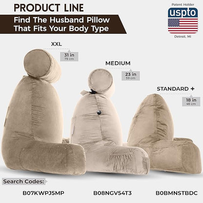 Husband Pillow Medium Aspen Edition Cowboy Taupe, Sit Up Reading & Bed Rest with Arms, Ultra-Comfy, Detach Neck Roll - Premium Shredded Memory Foam Backrest, Reverses to Micro: Suede or Plush